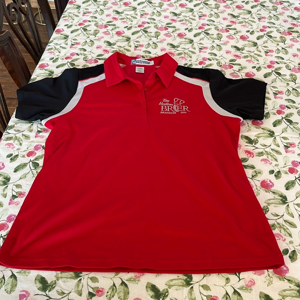 Ladies golf/sports shirt. Size Large. Red. Tim Hortons Brier Brandon 2019.  NWT